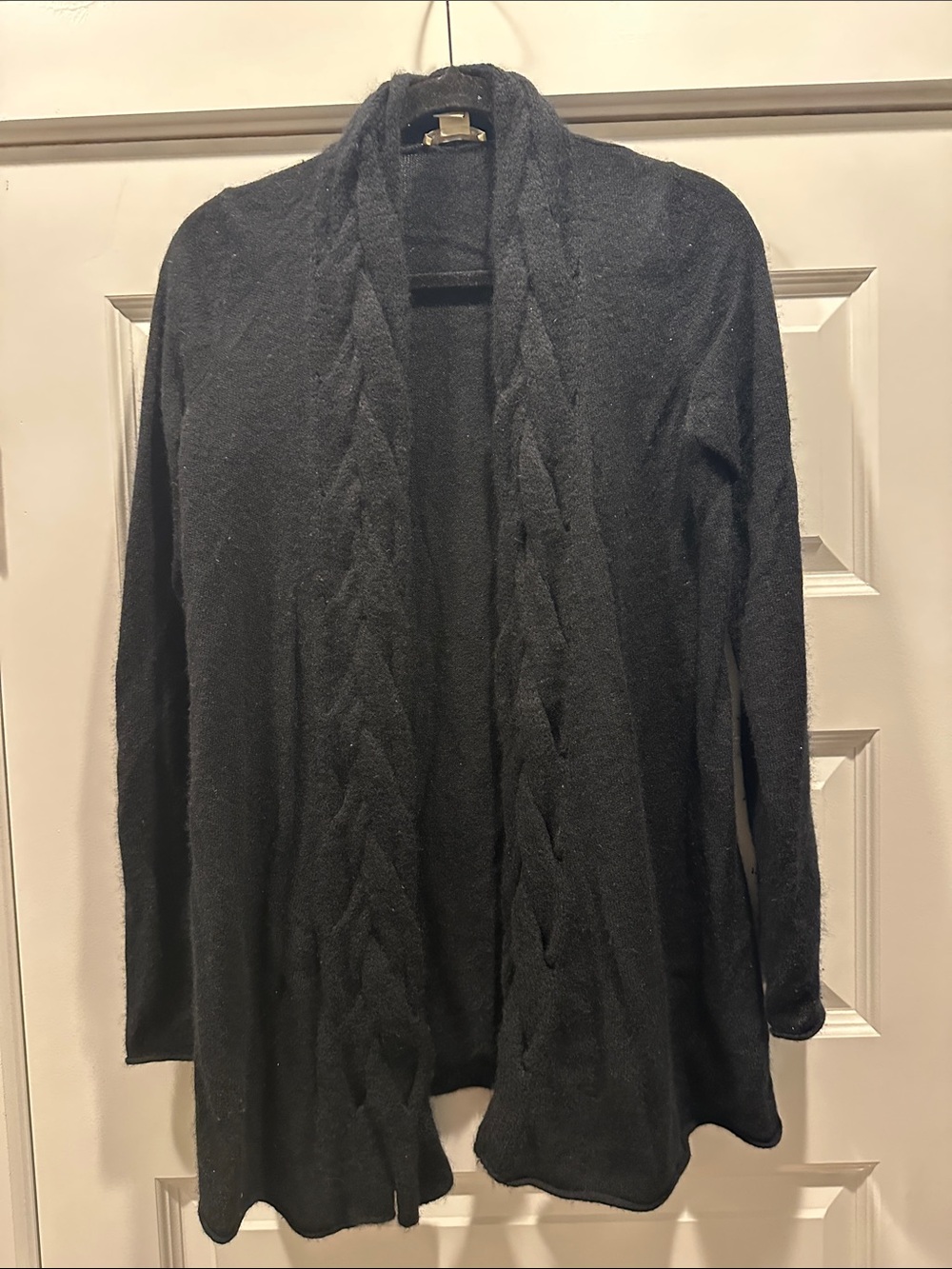 White + Warren Black Cashmere Braided-Front Open Cardigan